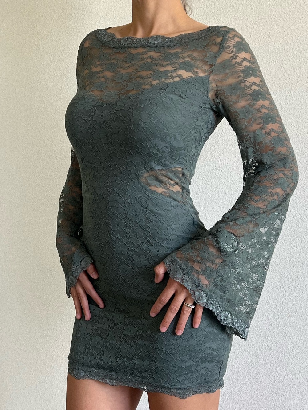 Free People Sea Moss Green Lace Long-Sleeve Mini Dress